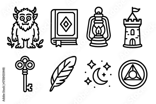 Folklore Symbol Icons. Folklore Tales linear icon set: forest creature, ancient book, lantern, castle tower, key, feather quill, starry sky, magic symbol.