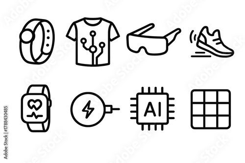 Futuristic Wearable Icons. Futuristic Wearables linear icon set: sensor bracelet, e-textile shirt, data visor, glowing sneakers, smartwatch, charging pad, AI chip, style grid.