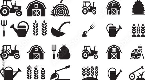 Agriculture and Farm Tools Glyph Icons Set: Tractor, Barn, Wheat, Hay Bale, and Gardening Equipment Silhouettes