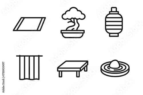 Tranquil Zen Icons. Peaceful Space linear icon set: floor mat, bonsai tree, lantern, curtain, low table, sand garden.