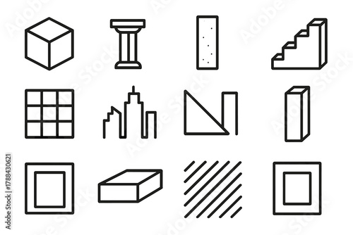 Modernist Architecture Icons. Modernist Structures linear icon set: cube, column, concrete wall, stair, grid, skyline, angle, pillar, frame, beam, pattern, void.