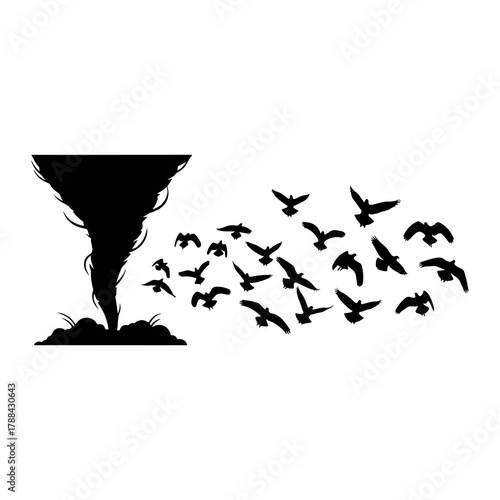 Tornado and flock of birds silhouette storm weather