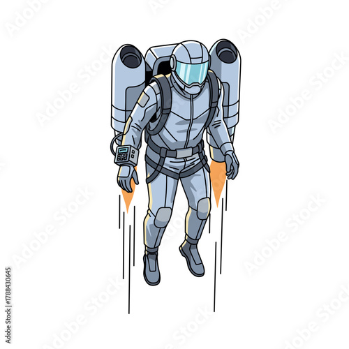 Futuristic astronaut flying with personal jetpack in urban setting  