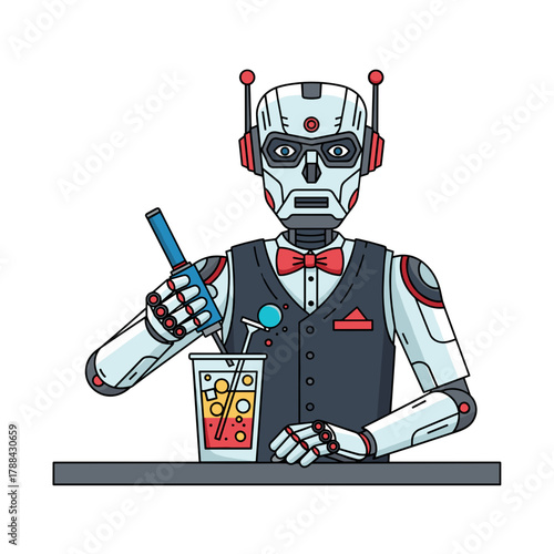 Robotic bartender mixing a colorful cocktail for CES tech expo  