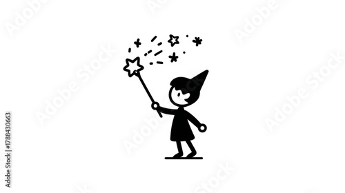 Cute whimsical character with pointy hat holding magic wand, casting a spell with sparkling stars. Simple fantasy doodle illustration.
