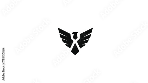 Modern geometric stylized black eagle bird logo concept with outstretched wings on a clean white background, powerful icon symbol design.