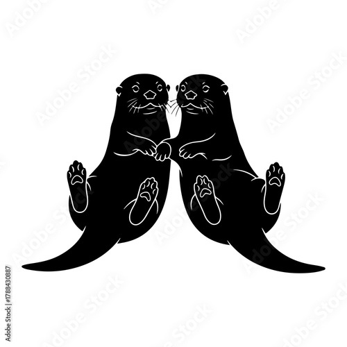 Two otters holding paws in silhouette aquatic mammals