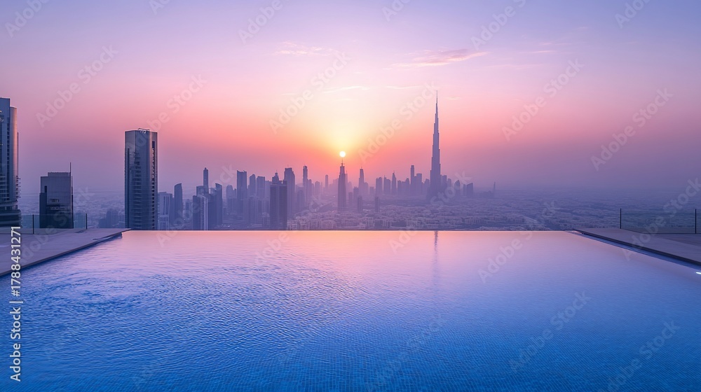 Fototapeta premium Rooftop infinity pool overlooking Dubai skyline at sunrise