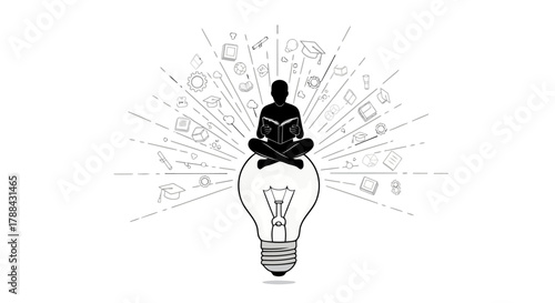 Man Meditating on Lightbulb Idea Reading Book Knowledge Acquisition Creativity and Inspiration Concept Education and Learning Vector