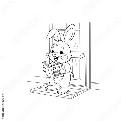 Cute Bunny Singing from Songbook Line Art Vector Illustration