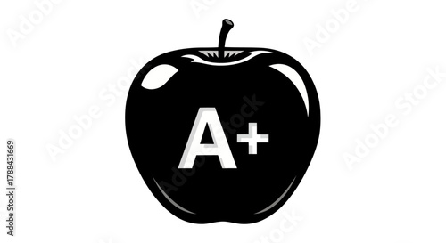 Black apple with A plus grade symbol showcasing academic excellence top achievement best performance outstanding result superior quality education concept isolated white background