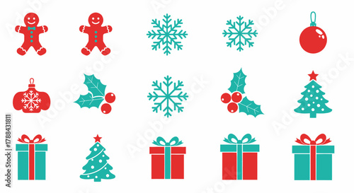 Christmas icons including gingerbread men snowflakes holly berries tree gift boxes and ornament