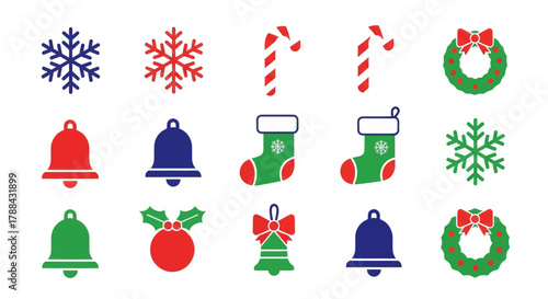 Christmas icons including snowflakes candy canes wreaths bells and stockings on white background