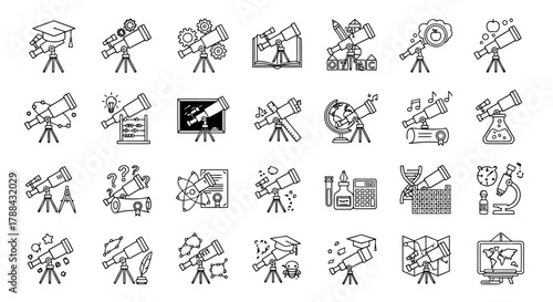 Telescope Observation Line Icons Set Astronomy Exploration Discovery Education Science Study Tool Collection