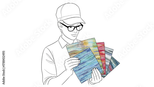 Fashion Designer Examining Fabric Swatches — Black Outline Colorful Realistic Art with Abstract Pattern Textures on White Background