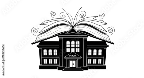 School building with open book on top concept of education and knowledge academy university college institution learning center