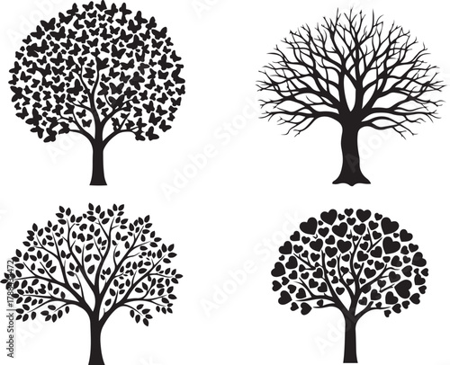Four Black Silhouette Trees With Different Foliage Designs On White Keywords: tree, silhouette, black, white