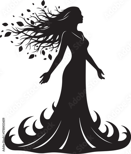 Silhouette of a woman with hair transforming into leaves and branches female