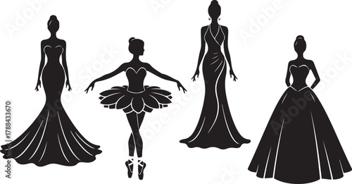 Silhouettes of women in elegant gowns and a ballerina woman female