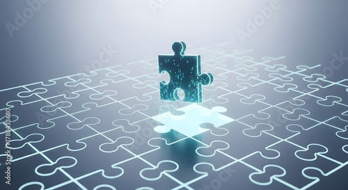 3D rendered illustration of a glowing, missing puzzle piece completing a complex digital grid, representing problem solving, solution, and high technology.