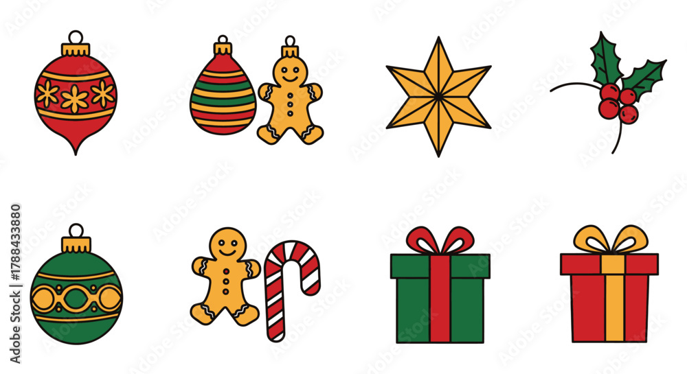 Fototapeta premium Christmas ornaments gingerbread man star holly berries candy cane gift box