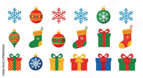 Christmas ornaments and gifts including snowflakes stockings and wrapped presents in bright colors