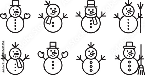 Christmas Snowman Line Icons Set: Winter Holiday, Snow, Cold, and Festive Character Outline Symbols
