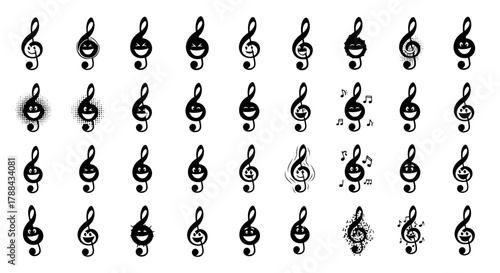 Musical treble clef emoticons set. G clef with different face expressions. Sound and melody symbols with mood. Graphic element.