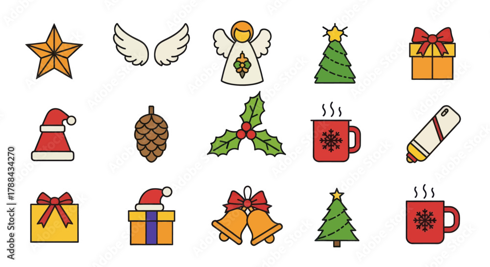 Obraz premium Christmas tree angel star gift box bell mug holly pinecone Santa hat wings