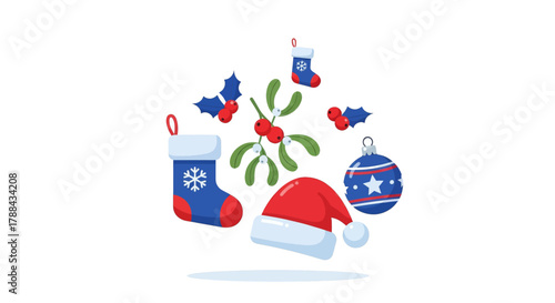 Christmas stockings mistletoe holly berries Santa hat and ornament floating on white background