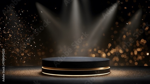 Wallpaper Mural Dark stage with spotlight illuminating a circular podium, surrounded by shimmering golden bokeh lights, creating an elegant atmosphere for presentations or performances Torontodigital.ca
