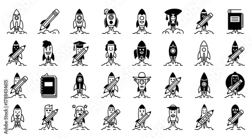 Set of cartoon rockets with pencils books and student characters launching into space success in education and learning concept