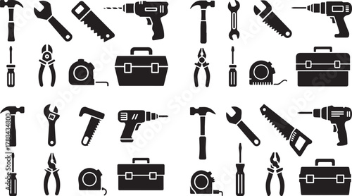 Construction and Hand Tools Glyph Icons Set: Hammer, Drill, Wrench, Screwdriver, and Toolbox Silhouettes