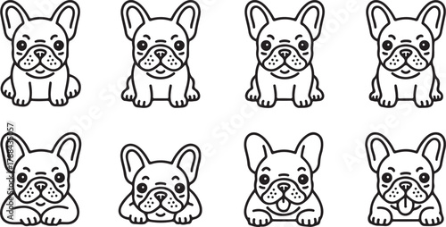 Cute French Bulldog Puppy Outline Icons Set: Cartoon Dog Vector Illustration Collection
