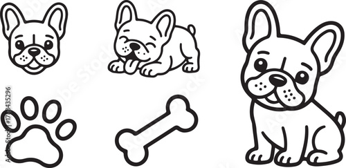 Cute French Bulldog Puppy Outline Vector Set: Cartoon Dog Head, Paw Print, Bone, and Body Illustrations