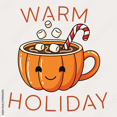 Warm holiday hot chocolate in cute pumpkin mug with candy cane T-shirt design
