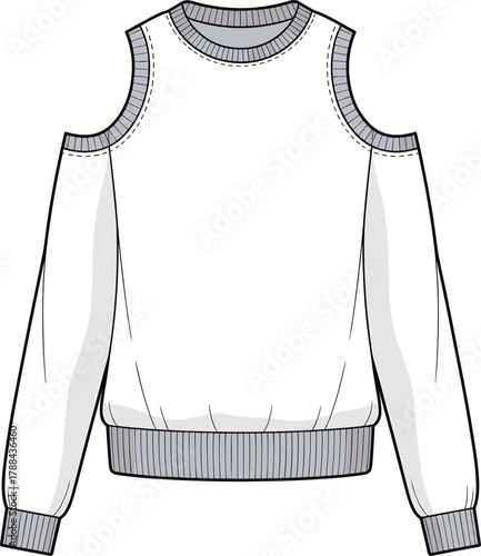 Cold shoulder top, fashion sketch, stylish garment, ribbed cuffs, long sleeve shirt, apparel design, trendy clothing, line art, flat vector illustration