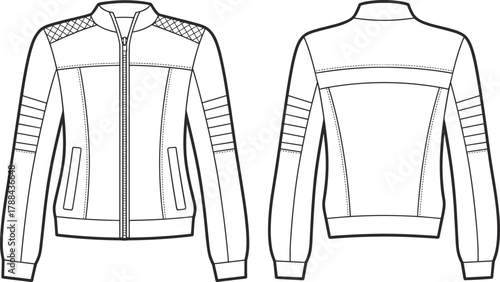 Jacket technical sketch, front and back view, quilted shoulder, ribbed cuffs, zipper pockets, fashion flat, garment design, apparel template