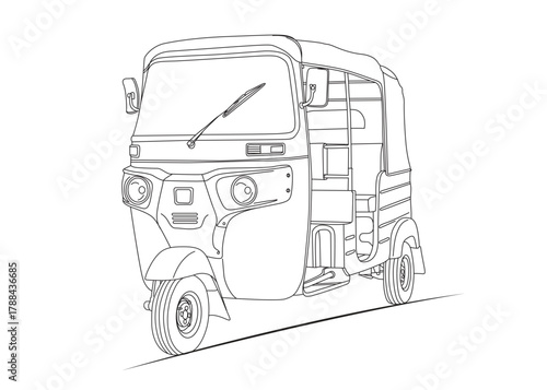 CNG line art, detailed black and white line art illustration of an auto rickshaw,
also known as a CNG or tuk tuk. Perfect for transport design, city illustration,
coloring books, vector art,