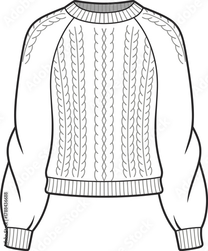 Knitted sweater, cable knit, fashion garment, winter clothing, cozy pullover, textile design, line art, apparel sketch, ribbed cuffs, neckline