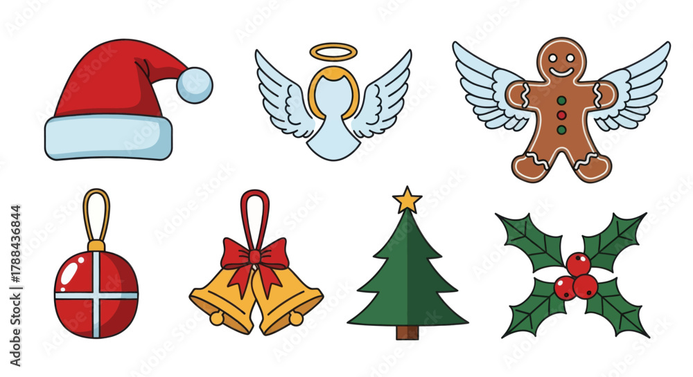 Fototapeta premium Santa hat angel gingerbread man ornament bells tree holly