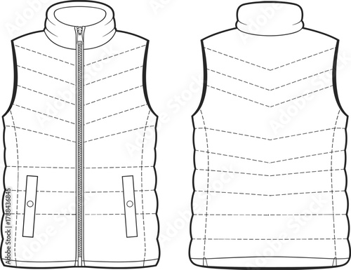 Sleeveless quilted vest front and back view, technical fashion sketch, insulated outerwear design, zipper, collar, pockets, chevron stitching, apparel