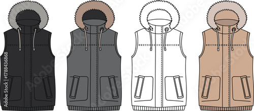 Winter vest, sleeveless jacket, fur hood, zipper pockets, fashion outerwear, cold weather clothing, casual style, flat vector illustration
