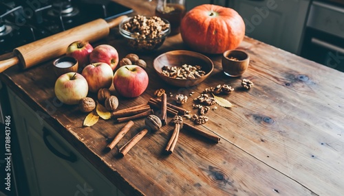 Rustic wooden kitchen counter with food high resolution photo