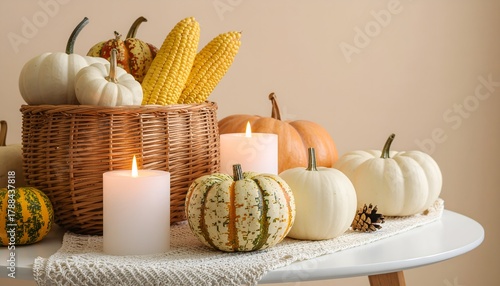Cozy autumn dinner table with candles high resolution photo