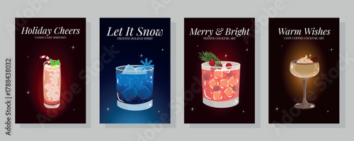 Winter cocktail art posters: Holiday Cheers, Let It Snow, Merry and Bright, Warm Wishes. Festive drinks set for Christmas, New Year, holiday season.