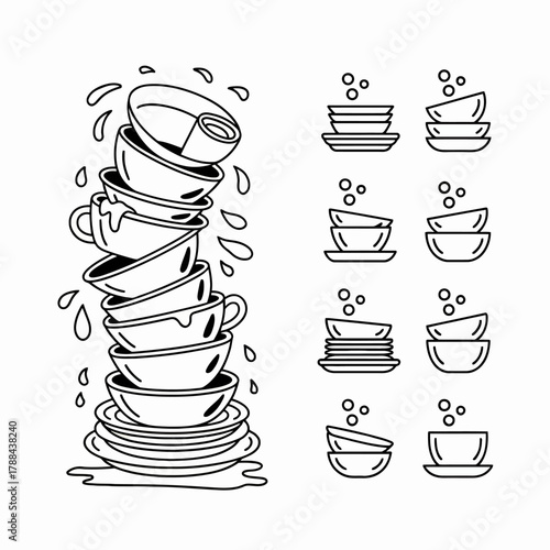 Black and White Line Art of Stacked Dirty Dishes and Clean Arrangements Depicting Chores and Kitchen Work
