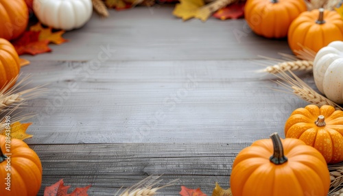 Fall composition with orange and white pumpkins high resolution photo