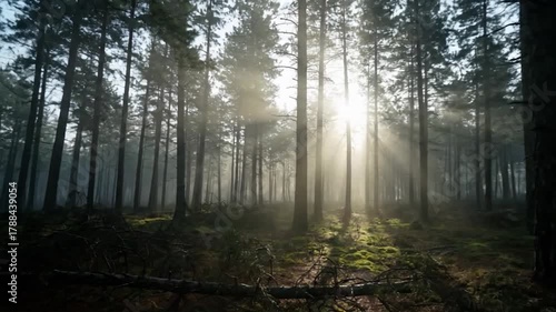 A sunlit forest scene, with tall trees and dappled light filtering through the branches and mist