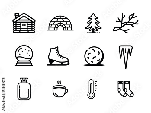 Winter Outline Icon Set with Log Cabin and Igloo